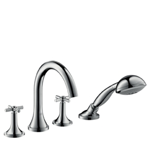 Picture of 4 hole tile mounted bath and shower mixer with cross head handles and high spout